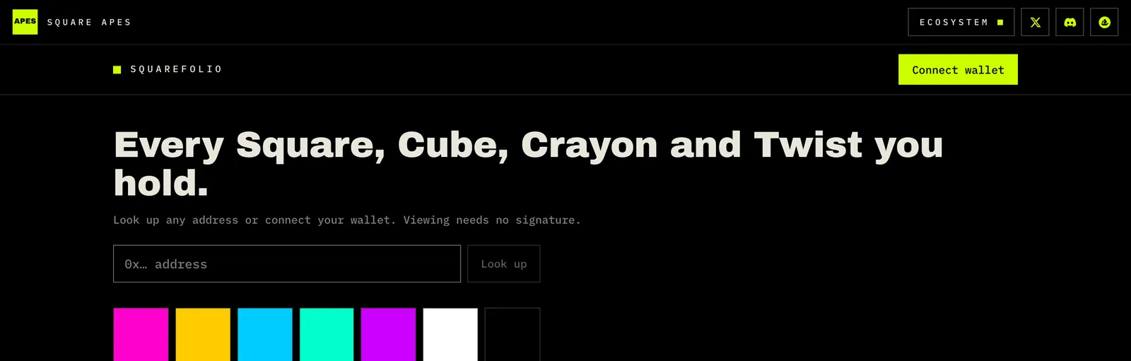 Squarefolio's front page: an address box with Look up, and the Square colors.